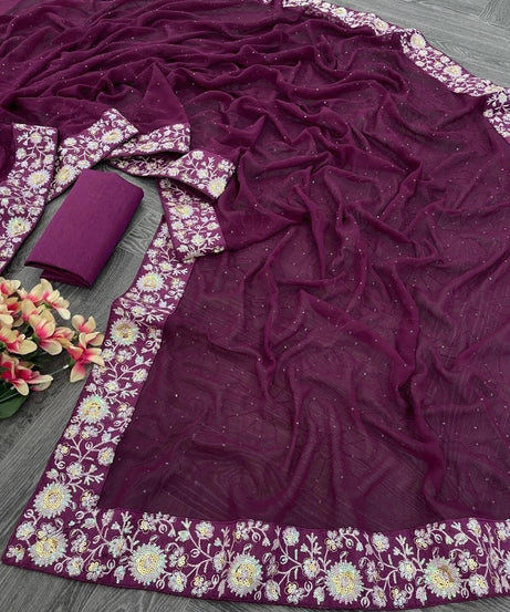 Women's  Beautiful Georgette Festival Wedding Wear Saree & Blouse 11-JR