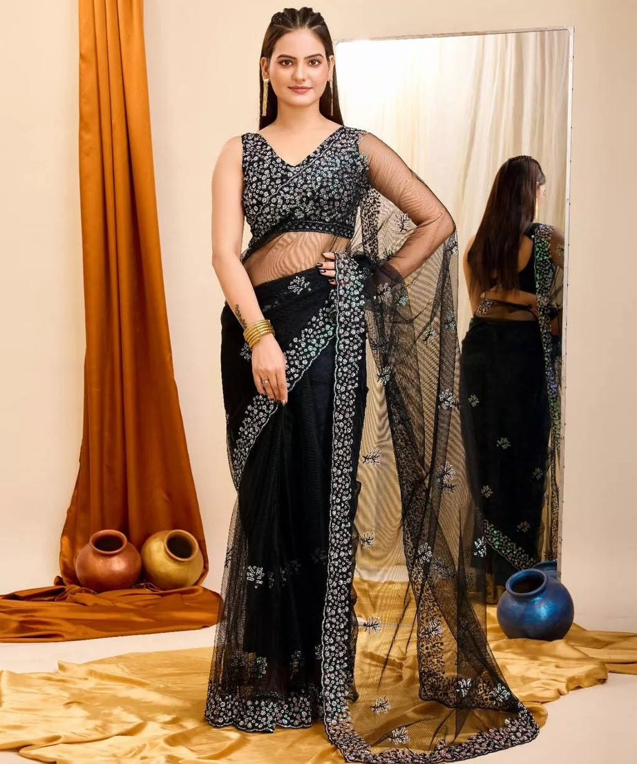 Soft Net  3MM Sequence Embroidery Work Saree & Blouse