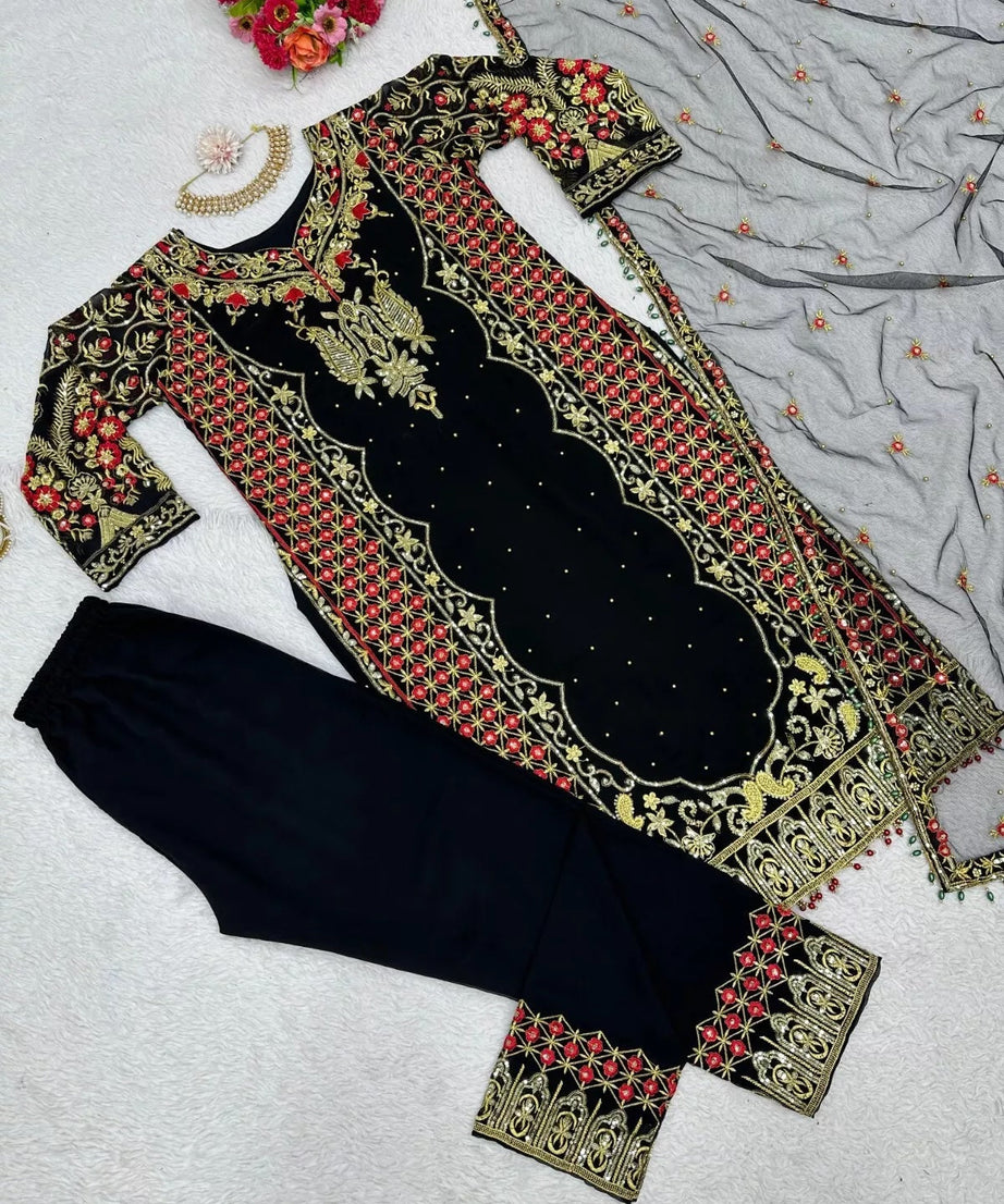 Faux Georgette Indian Ethnic Top Pant & Dupatta Set
