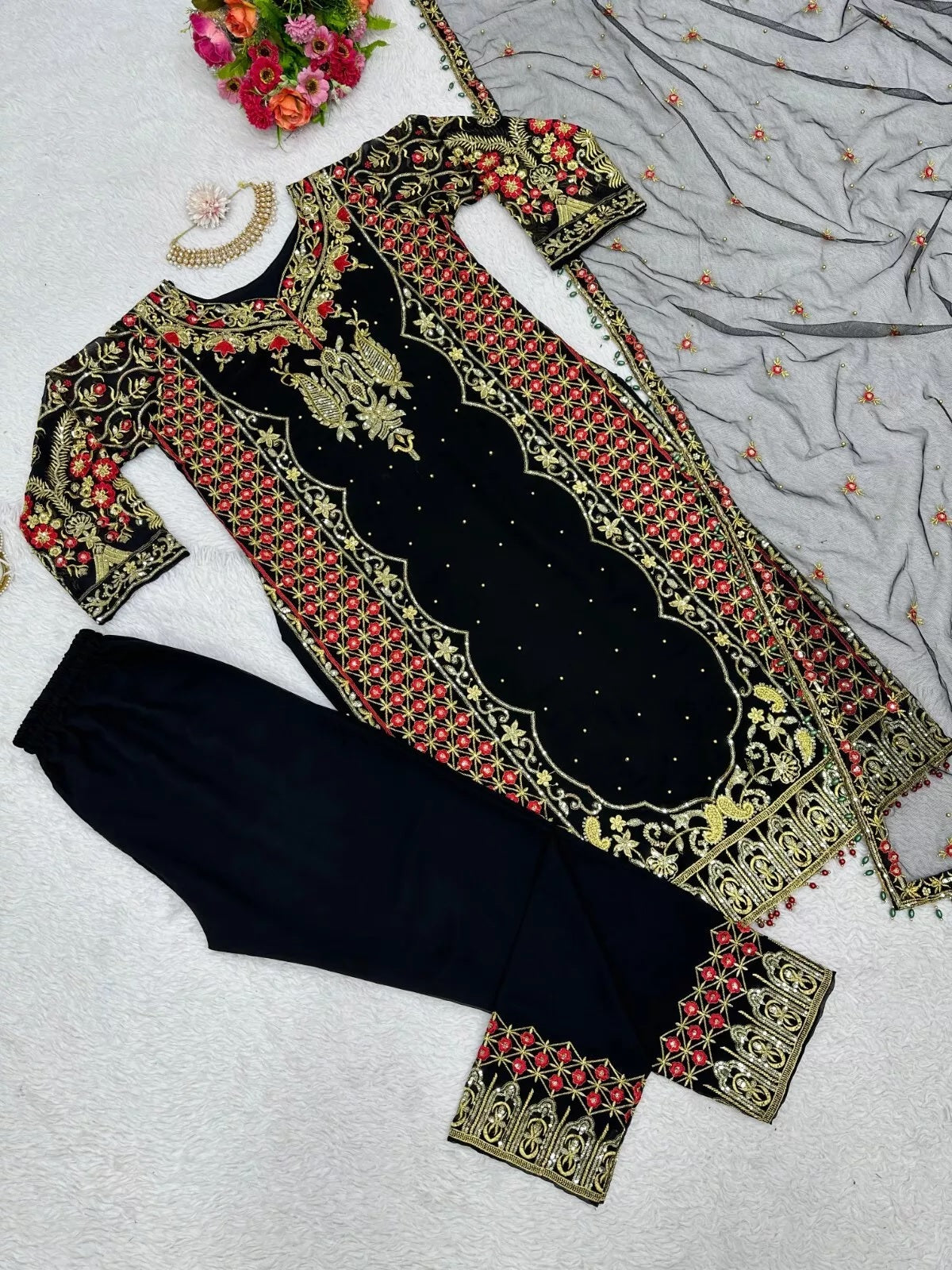 Faux Georgette Indian Ethnic Top Pant & Dupatta Set