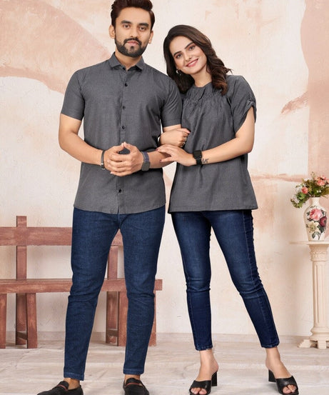 Pure Cotton Lining Pattern Tunic Top & Shirt Combo Set