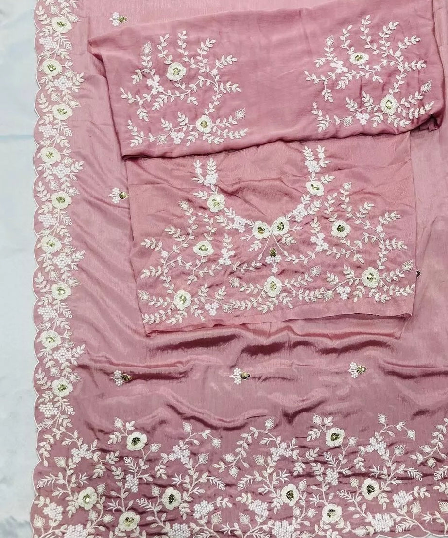 Pink Pure Chinon Silk With Embroidery Work Sari & Blouse