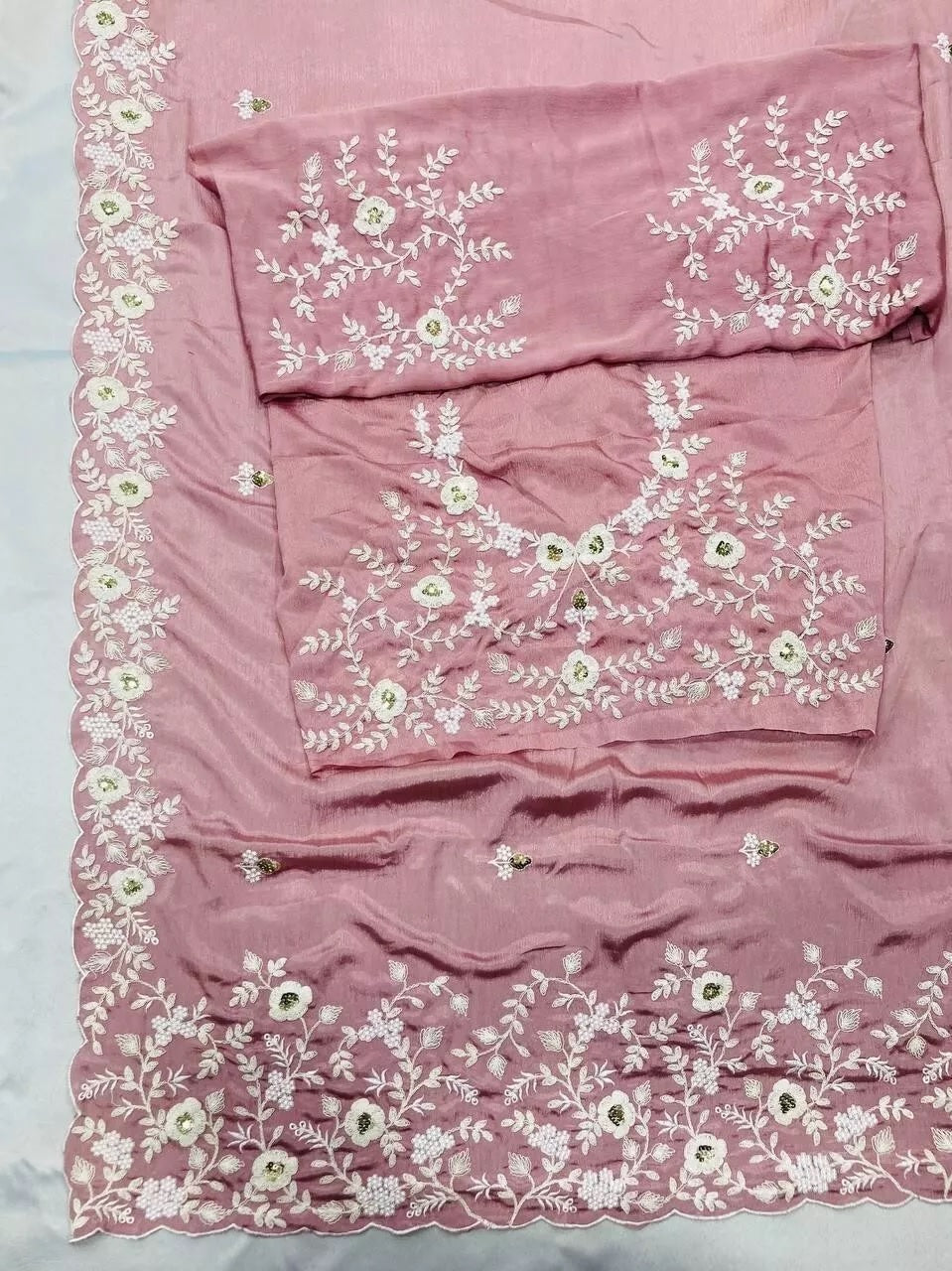 Pink Pure Chinon Silk With Embroidery Work Sari & Blouse