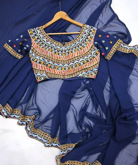Soft Georgette With Embroidery Lace Border Ready To Wear Sari With Blouse