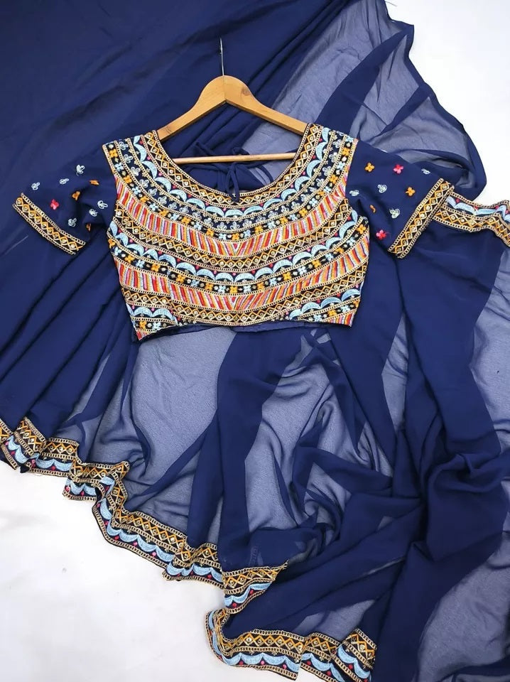 Soft Georgette With Embroidery Lace Border Ready To Wear Sari With Blouse