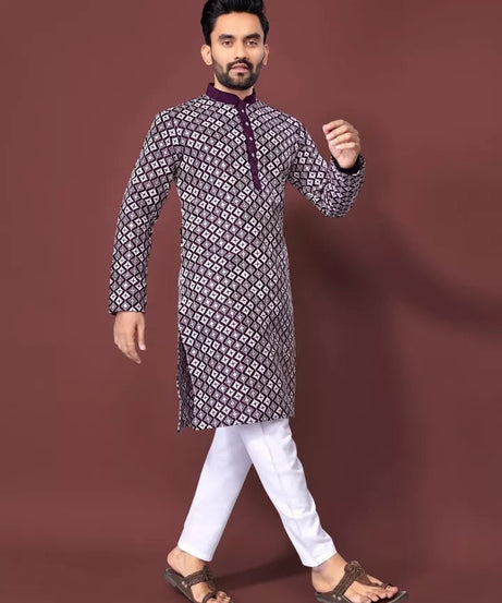 Soft Silk With White Embroidery Thread Work Kurta Pajama Set For Men's