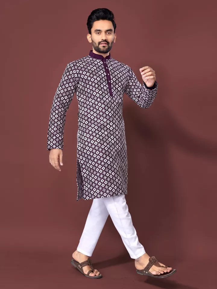 Soft Silk With White Embroidery Thread Work Kurta Pajama Set For Men's