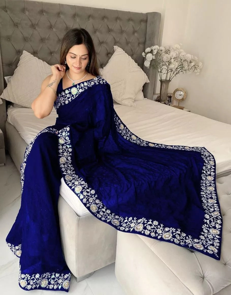 Party Wear Faux Georgette Saree, Indian Wedding Sari With Blouse