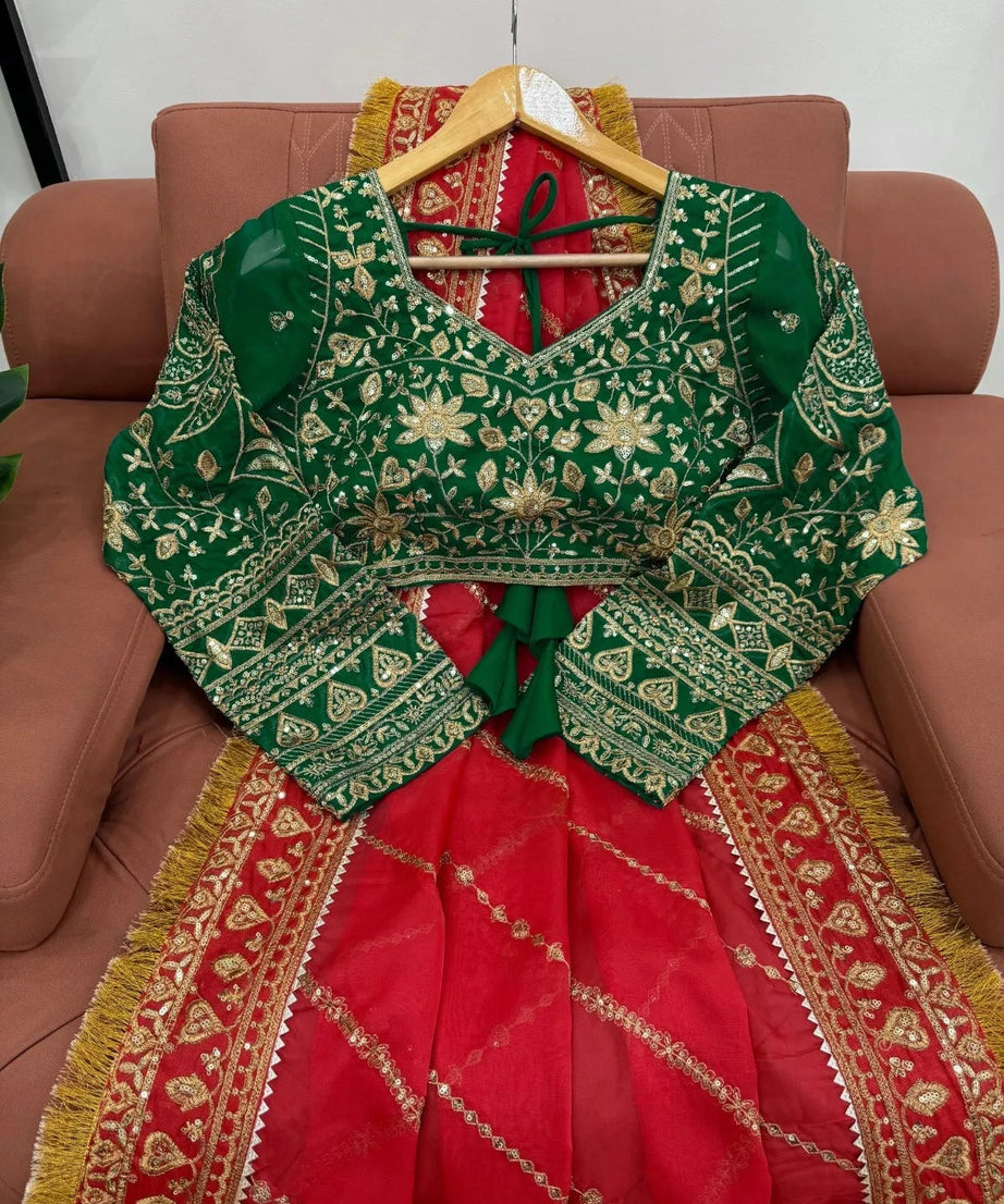 Red Organza Silk With  Sequence Work Sari Blouse