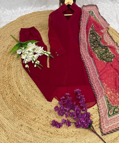 Faux Georgette Kurti Pant Duppata Set For Women's