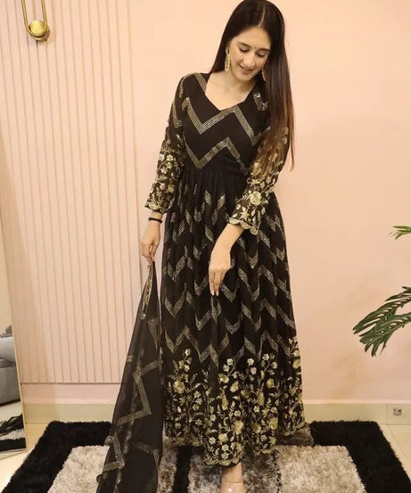 Fox Georgette With Embroidery Work With Full Sleeve Gown Bottom Dupatta Set