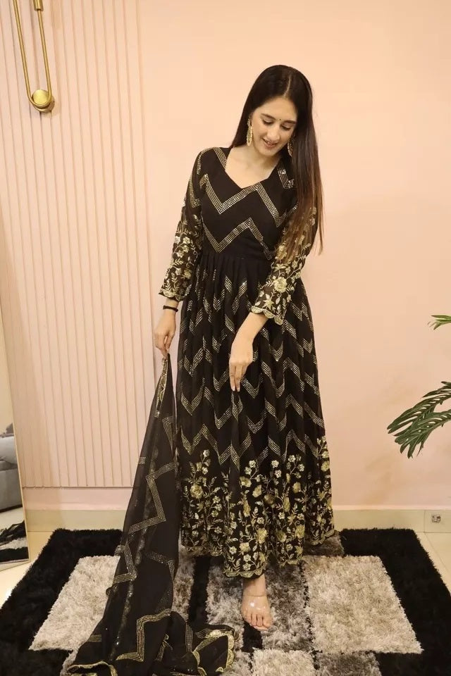 Fox Georgette With Embroidery Work With Full Sleeve Gown Bottom Dupatta Set