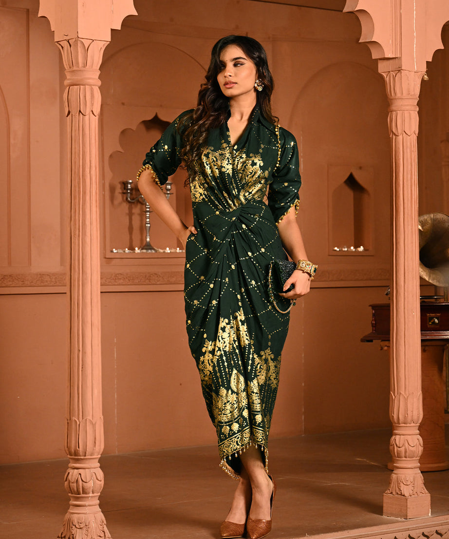Designer Green Gold Embroidery Kaftan Dress for Women – Elegant Cocktail Party & Ethnic Fusion Wear