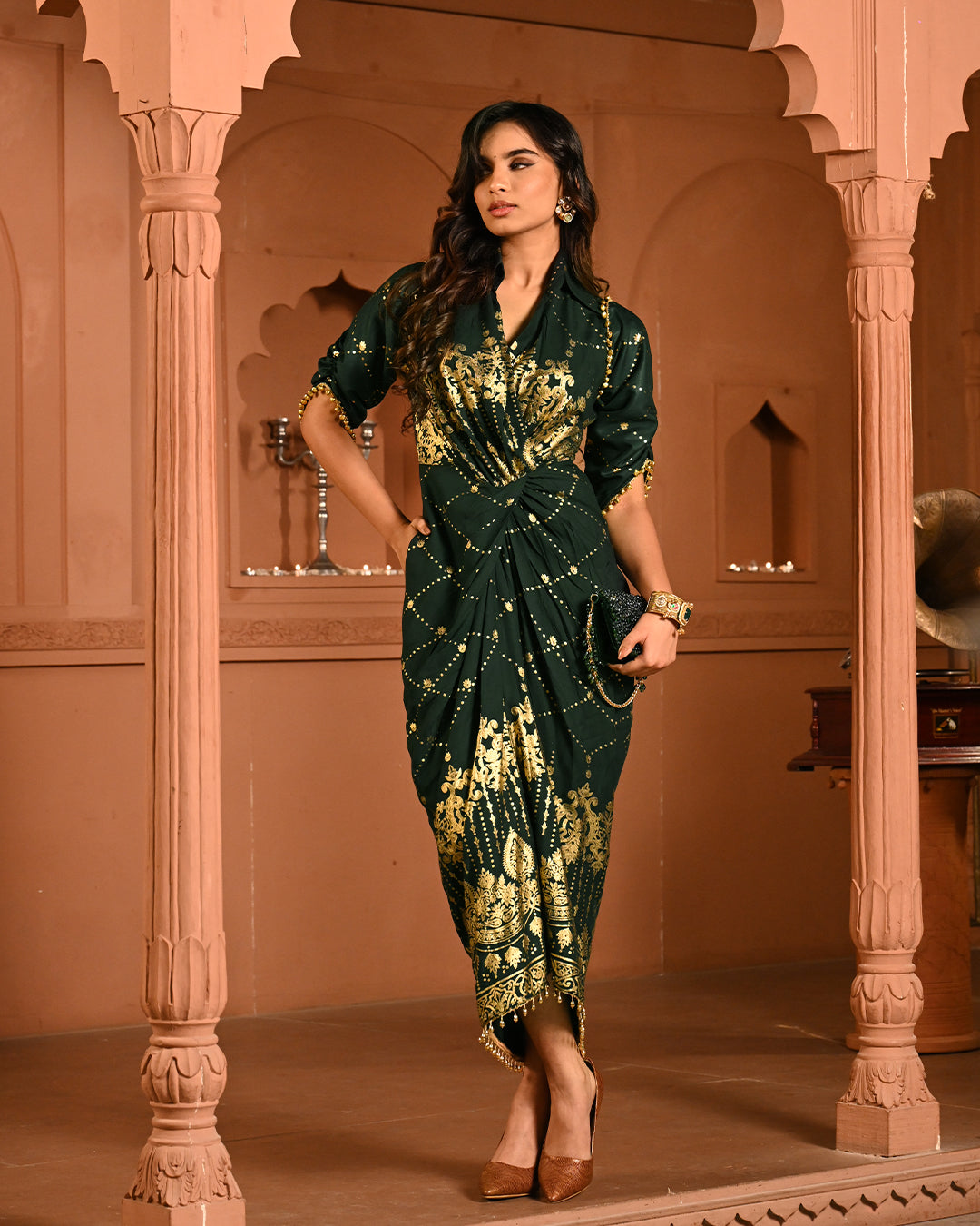 Designer Green Gold Embroidery Kaftan Dress for Women – Elegant Cocktail Party & Ethnic Fusion Wear
