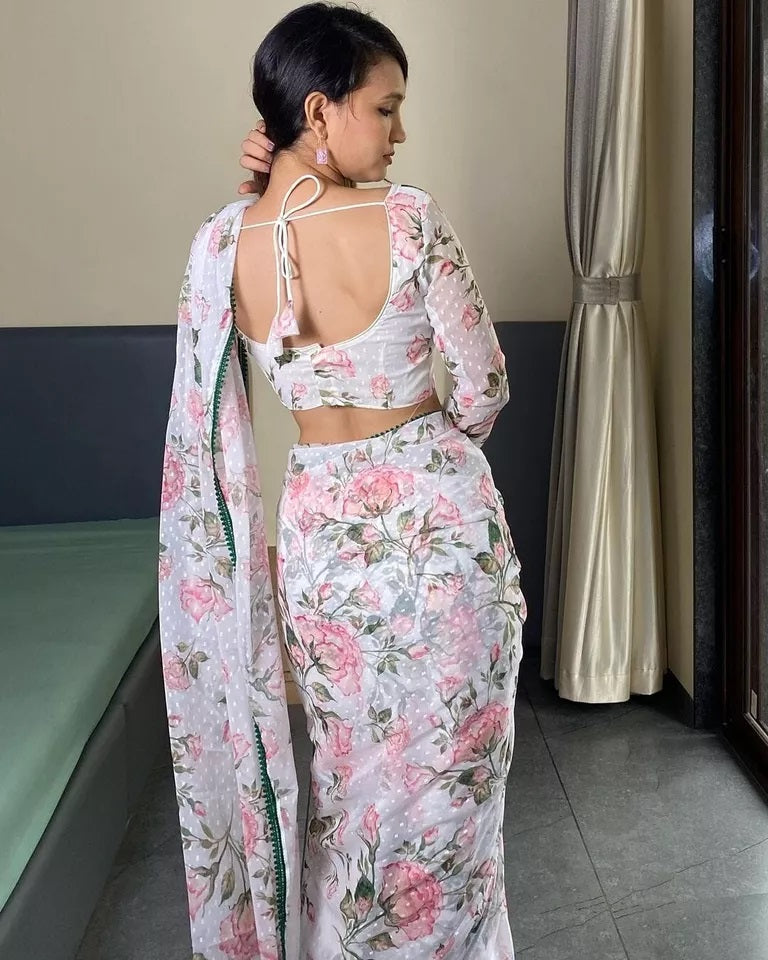 Pure Soft Georgette Silk Ready To Wear Sari With Blouse