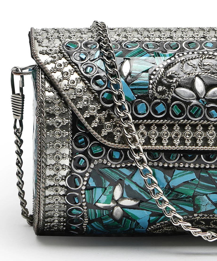 Mosaic Embellished Metal Clutch