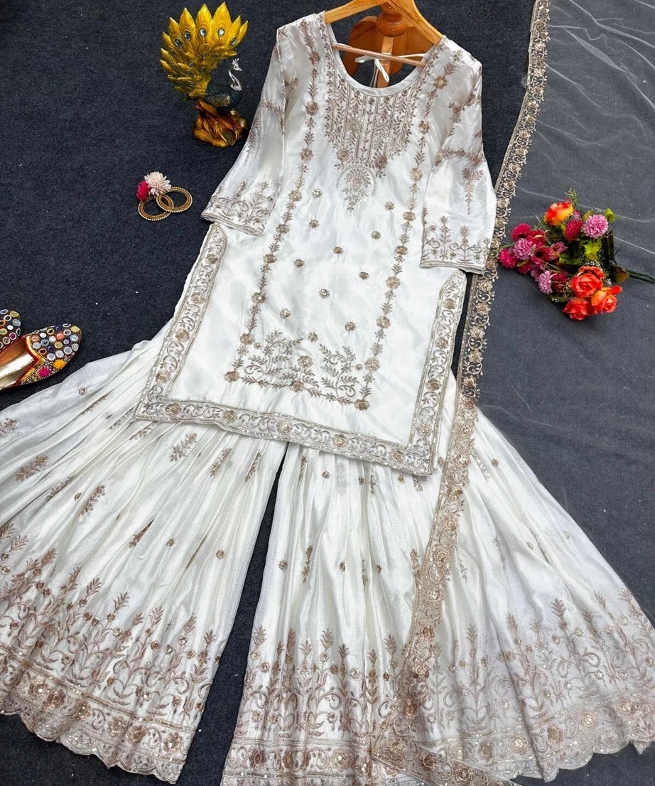 Chinon Silk Traditional Wedding Wear Latest Top Sharara & Dupatta