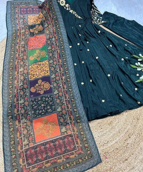 Heavy Pure Chinon Silk With Embroidery Work FullSleeves Gown Bottom Dupatta