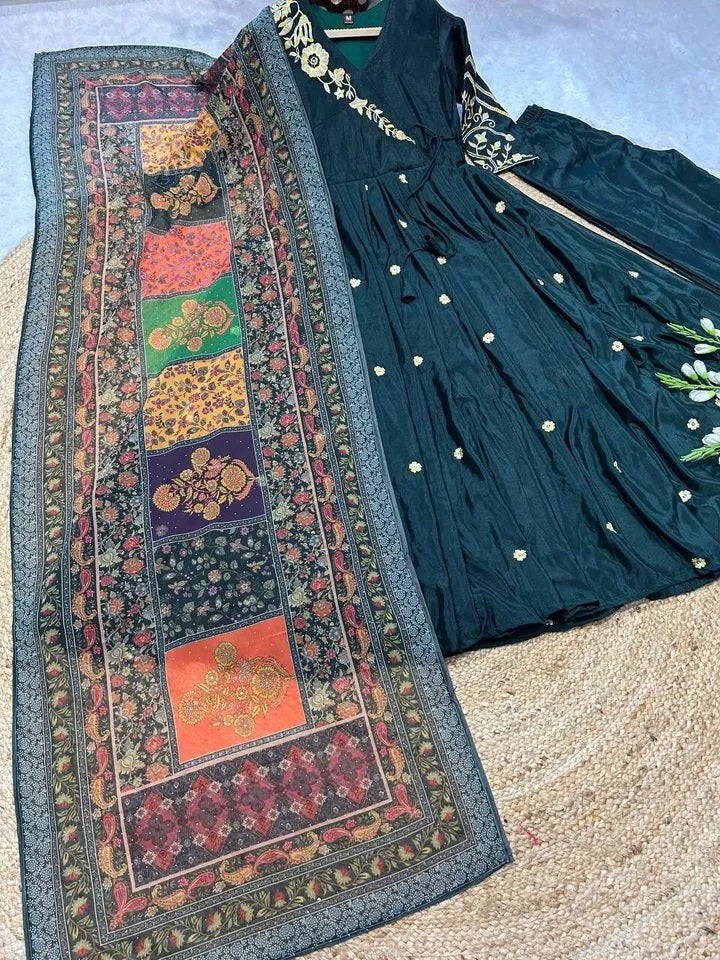 Heavy Pure Chinon Silk With Embroidery Work FullSleeves Gown Bottom Dupatta