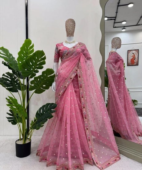 Pink Heavy Soft Tissue Organza Silk Saree, Wedding Wear Sari With Blouse