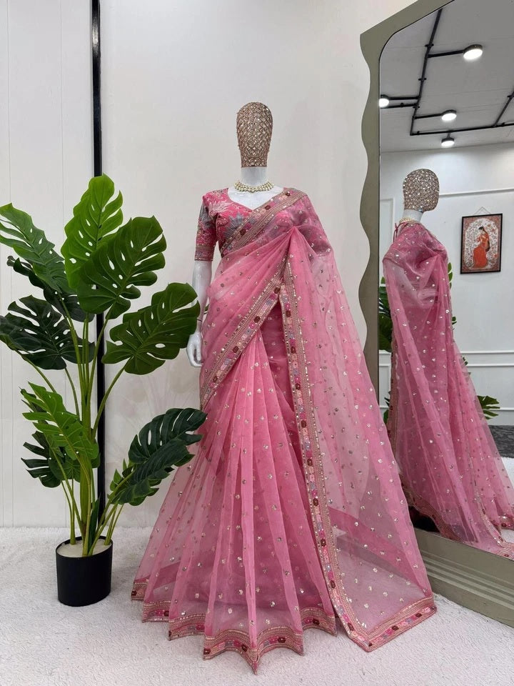 Pink Heavy Soft Tissue Organza Silk Saree, Wedding Wear Sari With Blouse