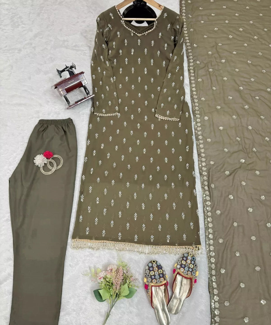 Traditional Fancy Wear Faux Georgette Top Pant With Dupatta