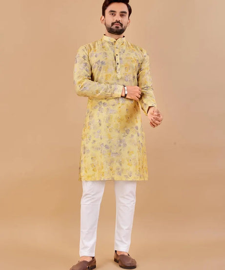 Premium Soft Cotton Foil Print Men's Kurta Pajama Set