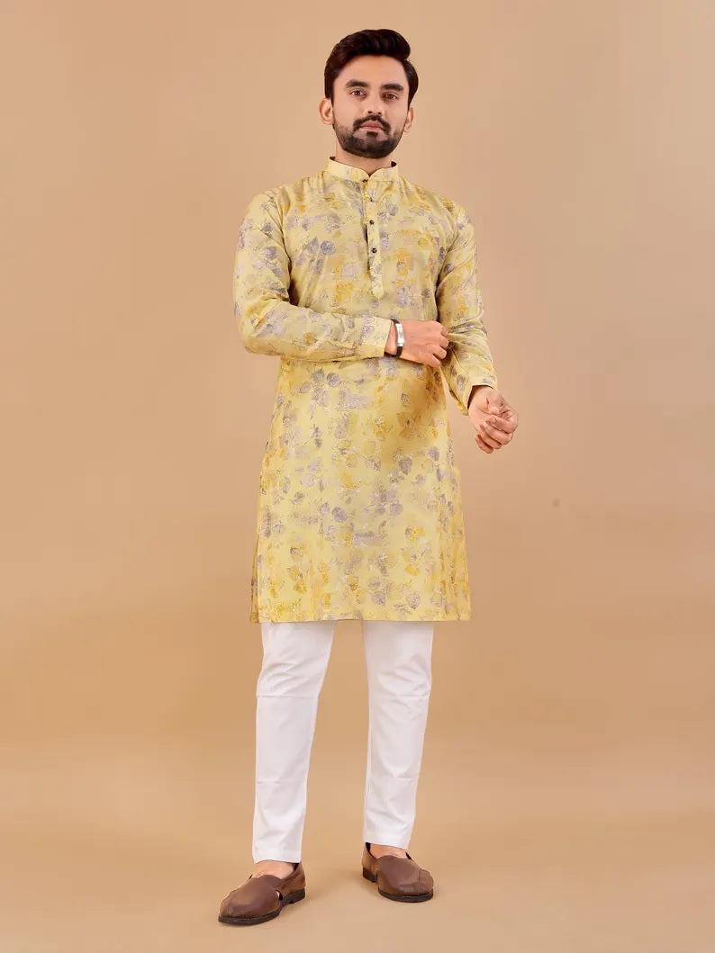 Premium Soft Cotton Foil Print Men's Kurta Pajama Set