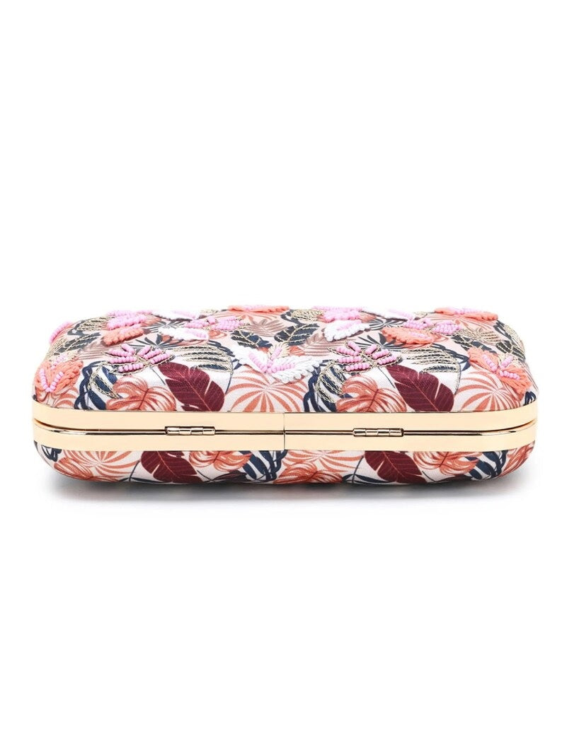 New Printed Satin Botanical Embroidered Clutch