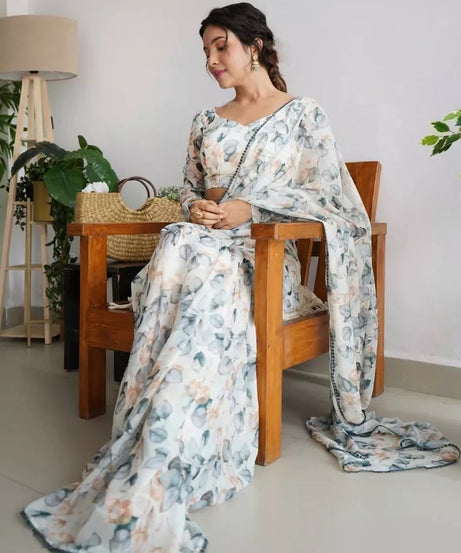 Premium Georgette With Fancy Lace Border Work Read To Wear Sari With Blouse