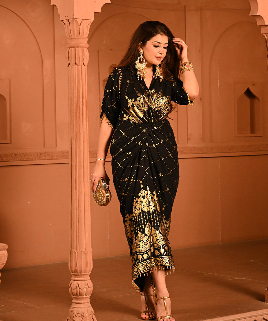 Elegant Designer Party Outfit with Gold Embroidery Kaftan Dress For Women