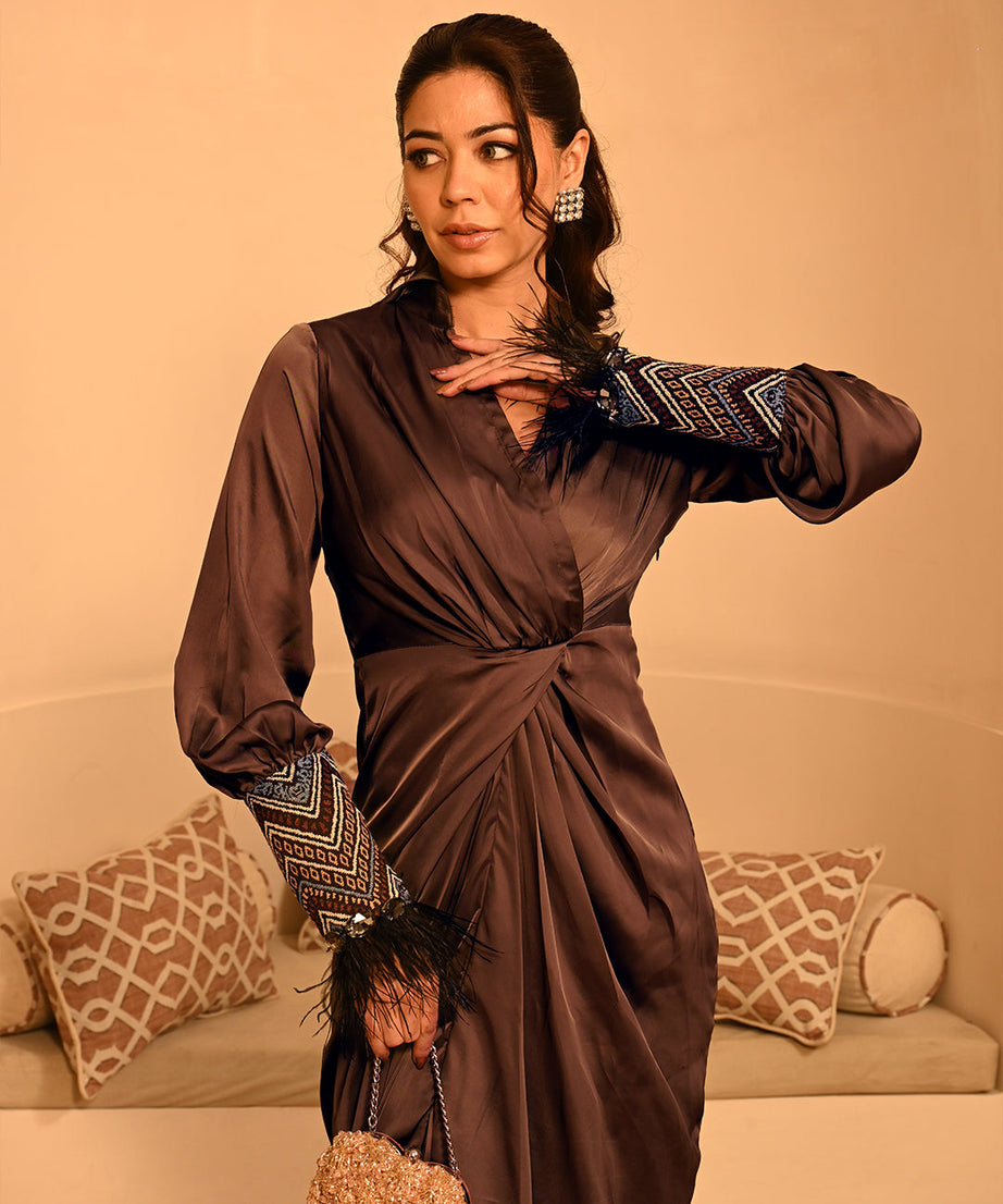 Women's Satin Knot Waist Maxi Dress Elegant Long Sleeve Occasion Wear