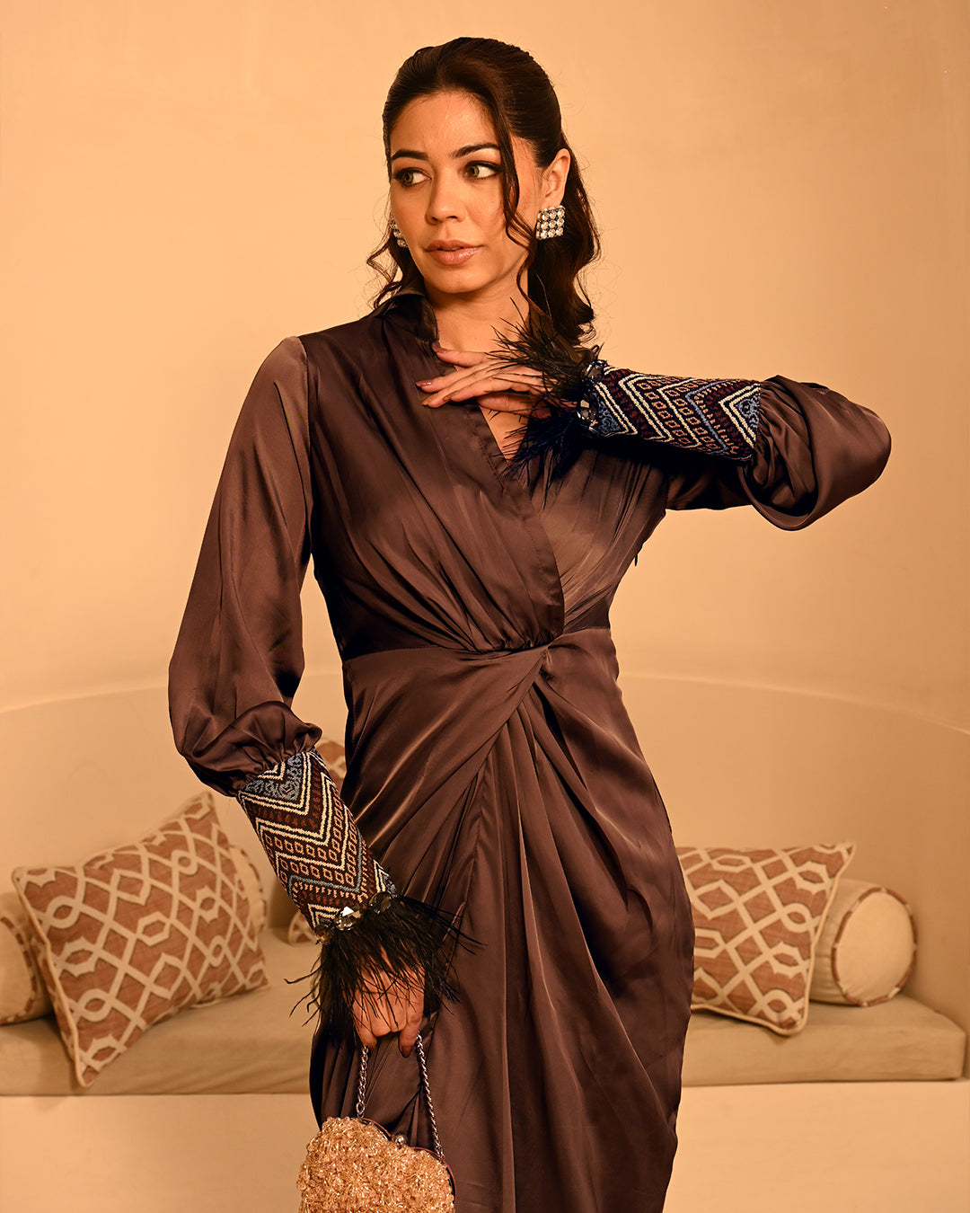 Women's Satin Knot Waist Maxi Dress Elegant Long Sleeve Occasion Wear