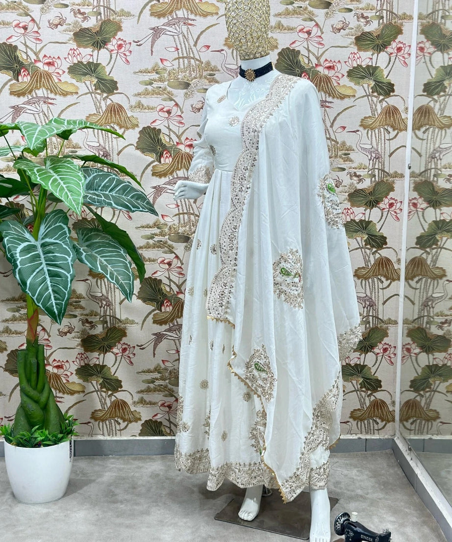 Traditional Designer Chinon Full Stitched Long Anarkali Gown With Dupatta