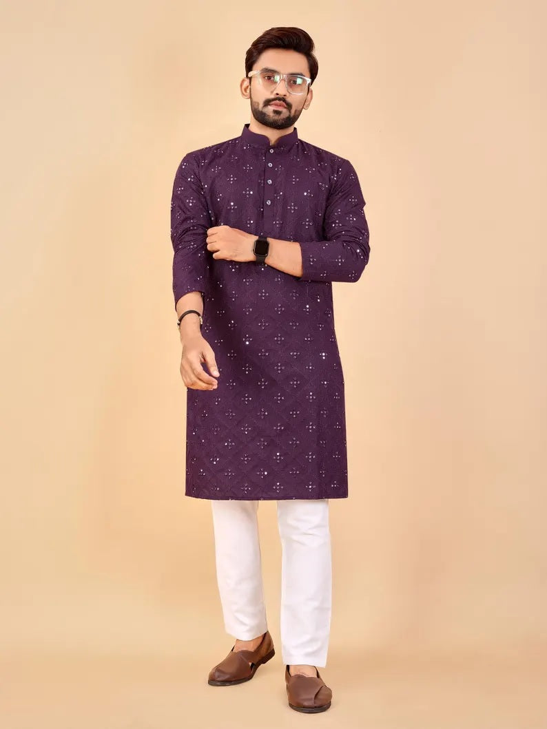 Embroidery Mirror Work Men's Kurta Pajama Set