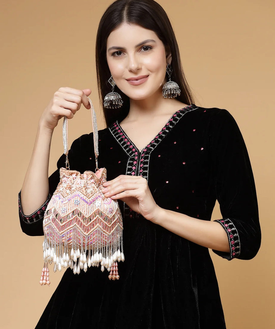 Droop Chevron Embellished Velvet Potli Bag