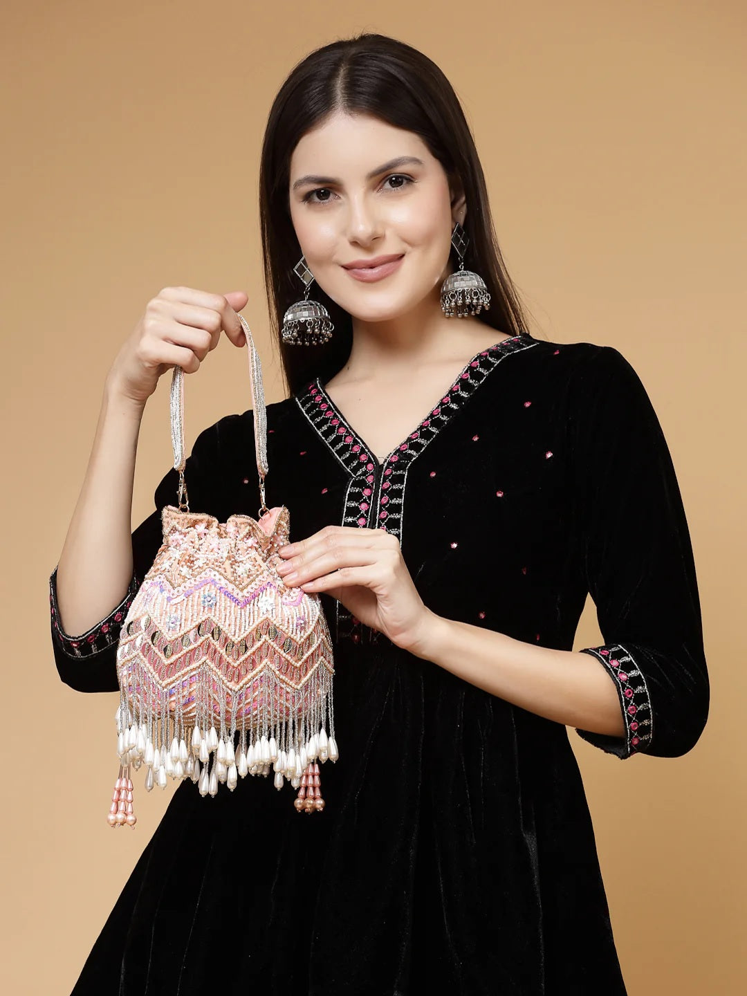 Droop Chevron Embellished Velvet Potli Bag