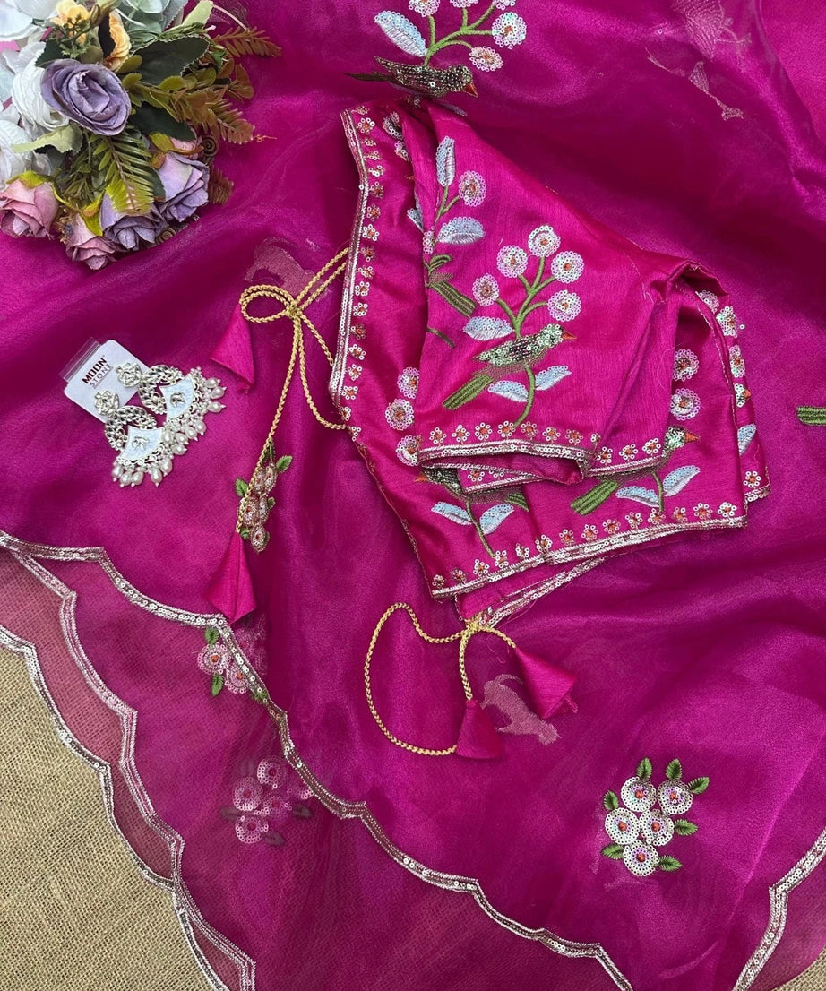 Soft Organza Saree With Embroidery Sequence Work Sari With Blouse