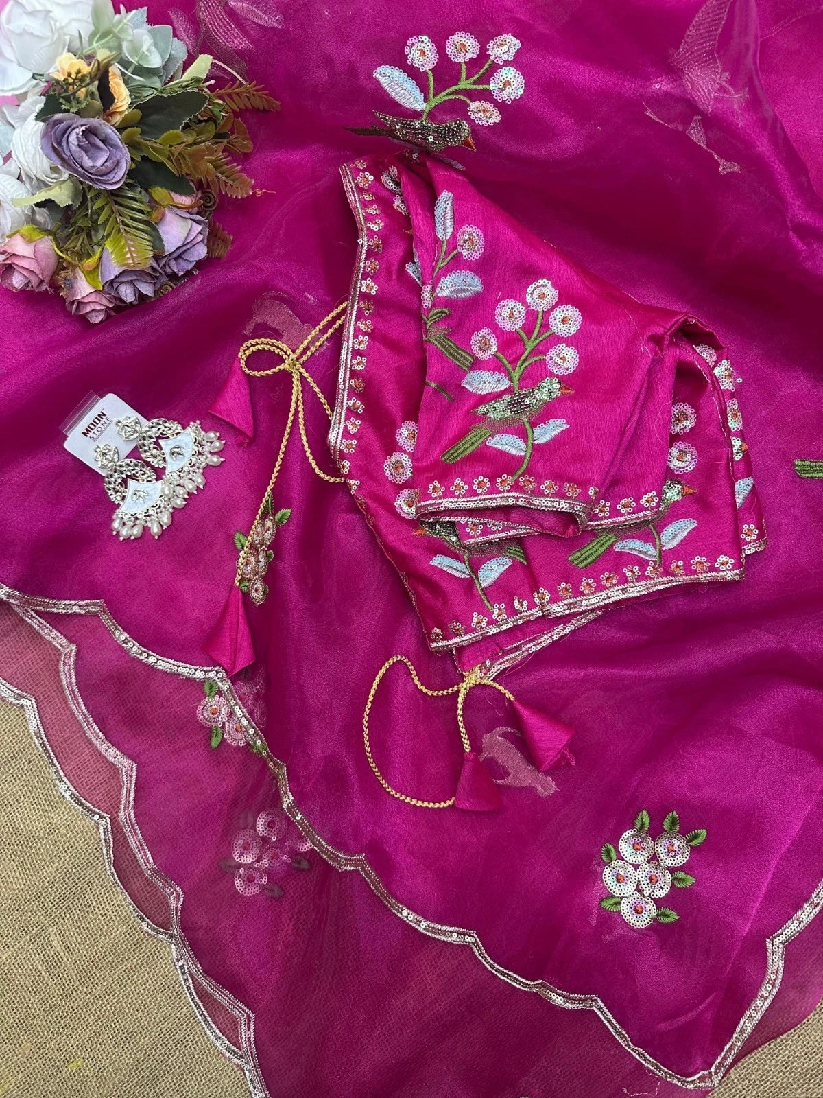 Soft Organza Saree With Embroidery Sequence Work Sari With Blouse