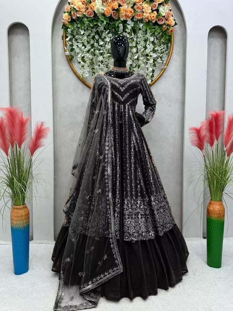 Style Faux Georgette Top Lehenga & Dupatta Set