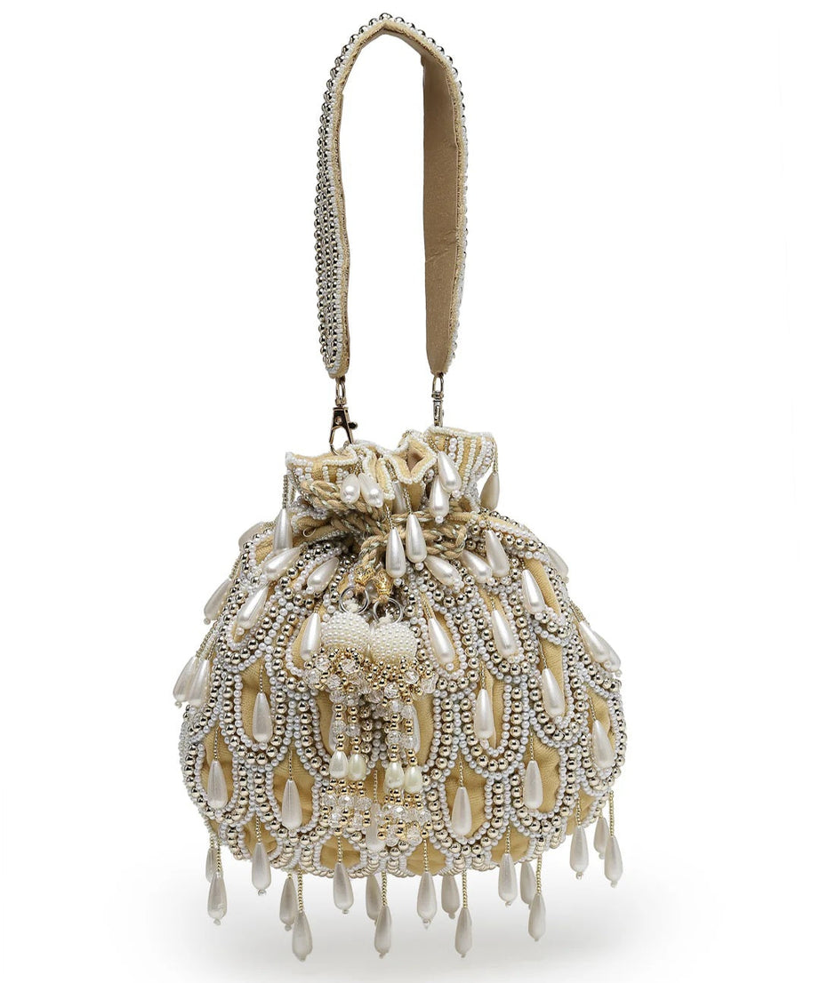 Droop Pearl Embellished Velvet Potli Bag