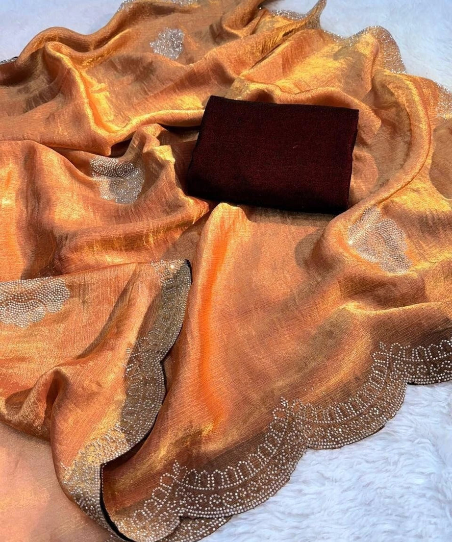 Heavy Soft Fandy Sattin Silk Saree, Siroski Work Sari With Blouse