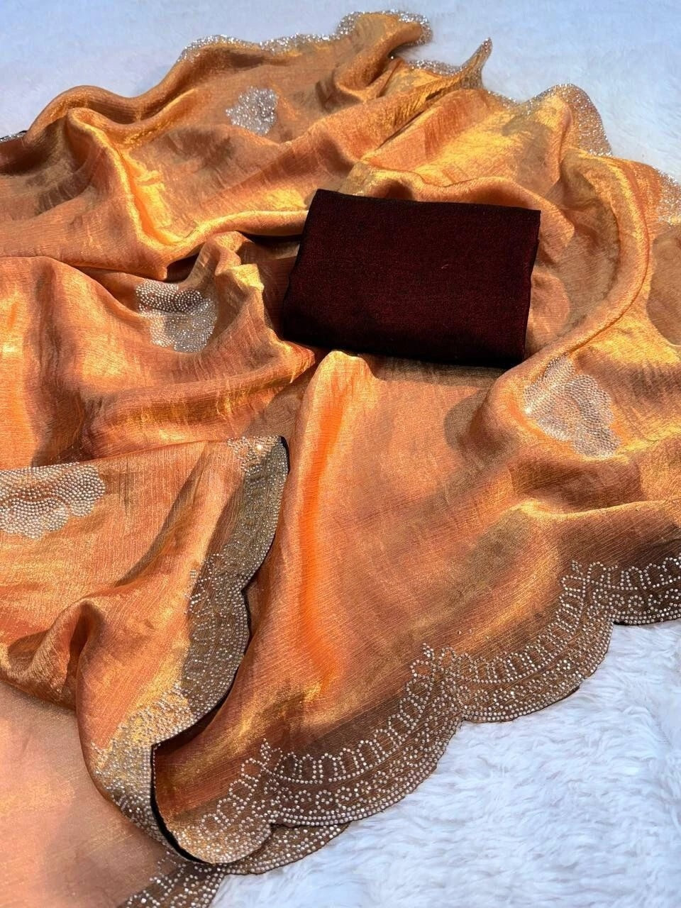 Heavy Soft Fandy Sattin Silk Saree, Siroski Work Sari With Blouse