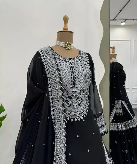 Bollywood Style Faux Georgette Top Sharara With Dupatta