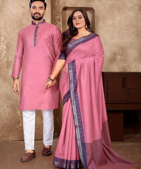 Linen Silk Kurta And Saree Set & Couple Combo Set