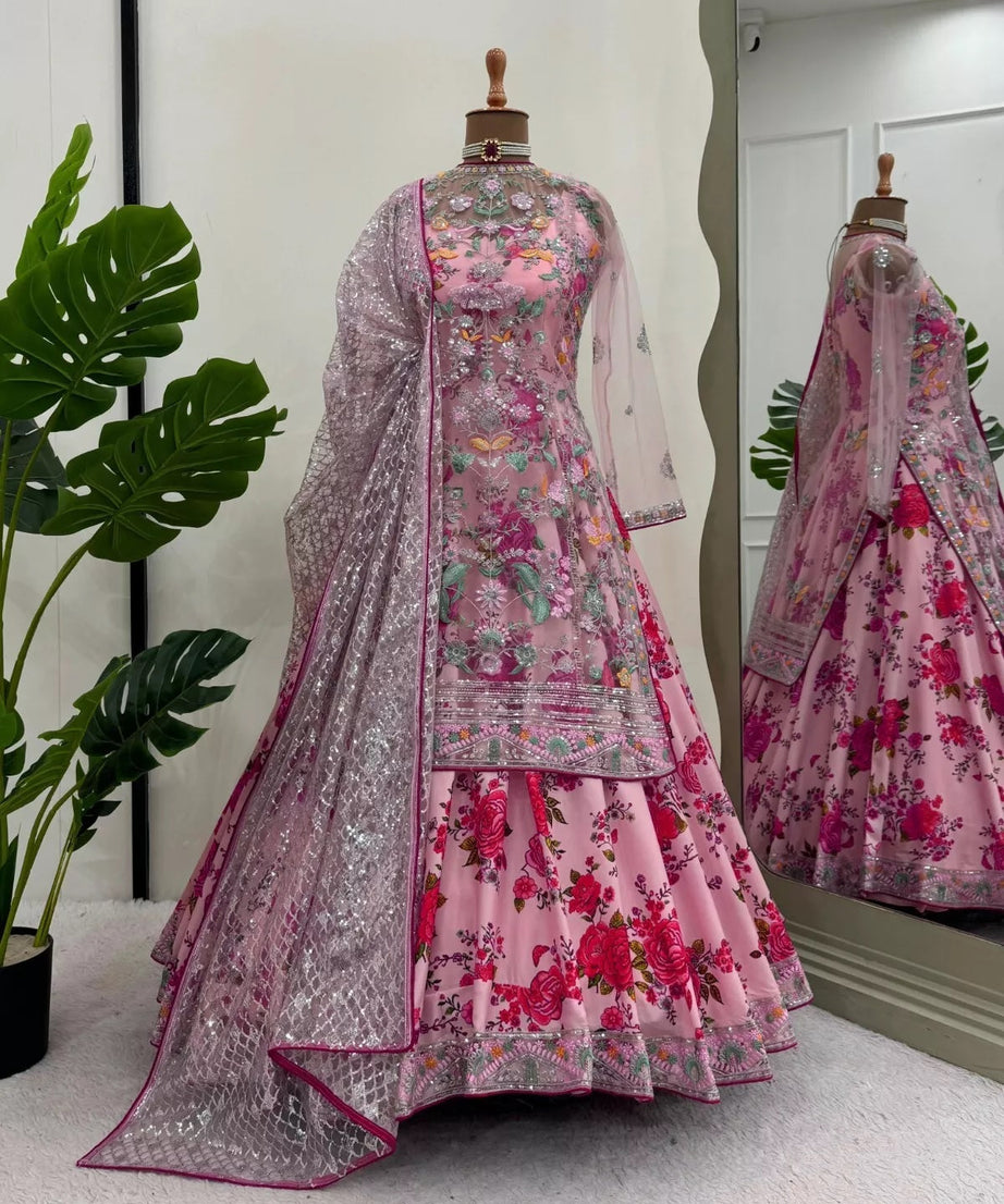 Butterfly Net With Thread & Sequence Work Bollywood Style Top Lehenga & Dupatta