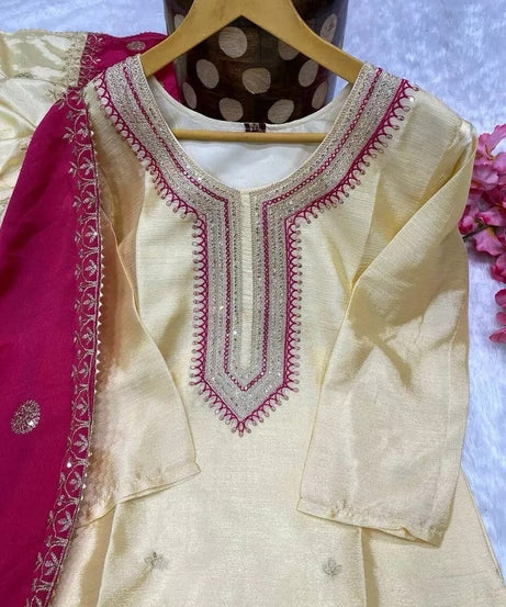 Heavy Pure Chinon Beautiful Traditional Full Stitched Kurti Bottom Dupatta