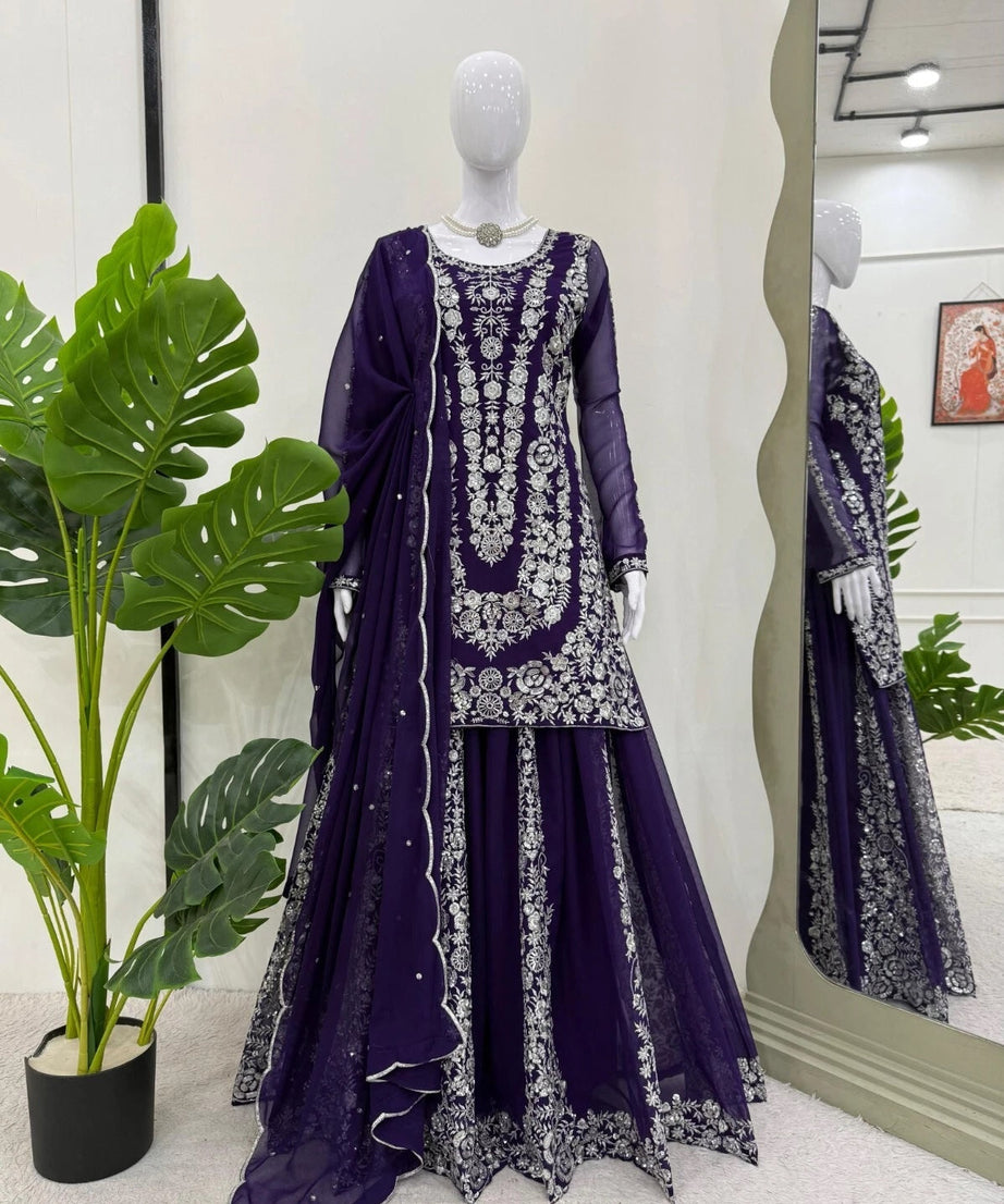 Full Stitched Faux Georgette Top Palazzo Dupatta