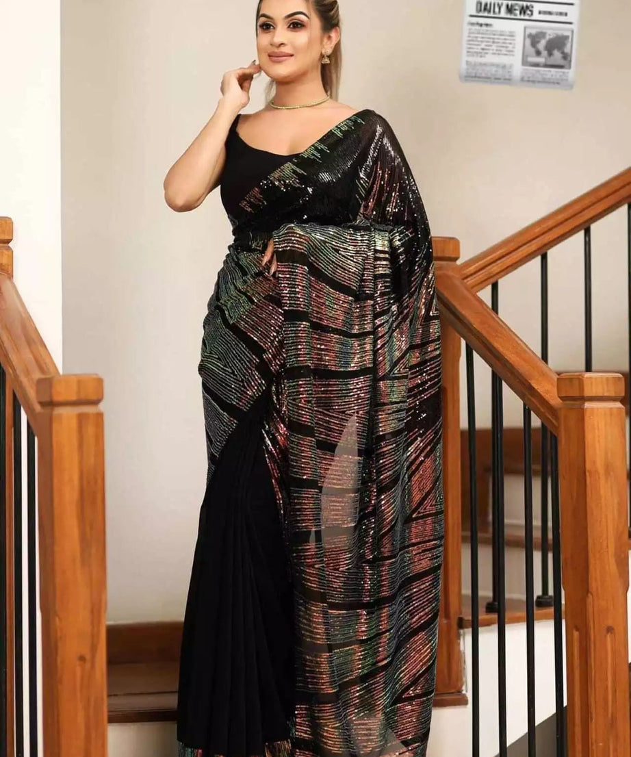 Georgette Embroidery Work Sequence Lace Work Saree,Party Wear Sari