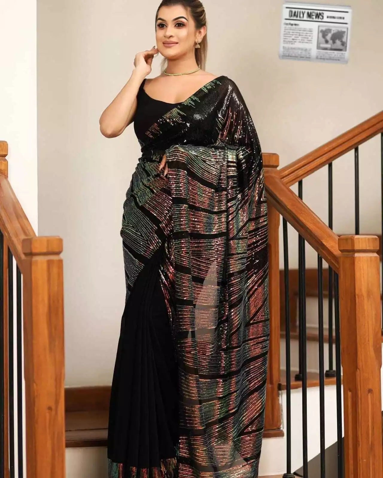 Georgette Embroidery Work Sequence Lace Work Saree,Party Wear Sari